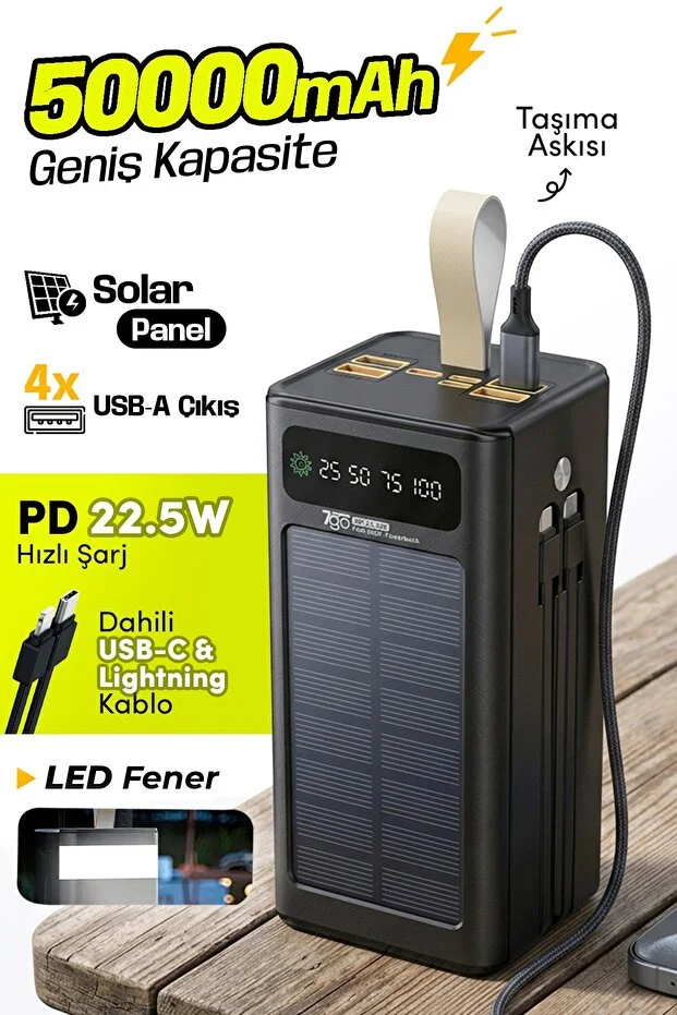 GPW-01 50.000 mAh Solar Powerbank – 22.5 W Hızlı Şarj, Dahili Kablolu, LED Ekranlı Taşınabilir Ş